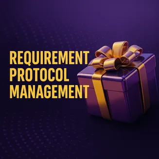 Requirement Protocol Management – Streamline processes with precision and rewards Purple gift box with golden ribbon next to bold yellow text “Requirement Protocol Management” on a dotted dark background